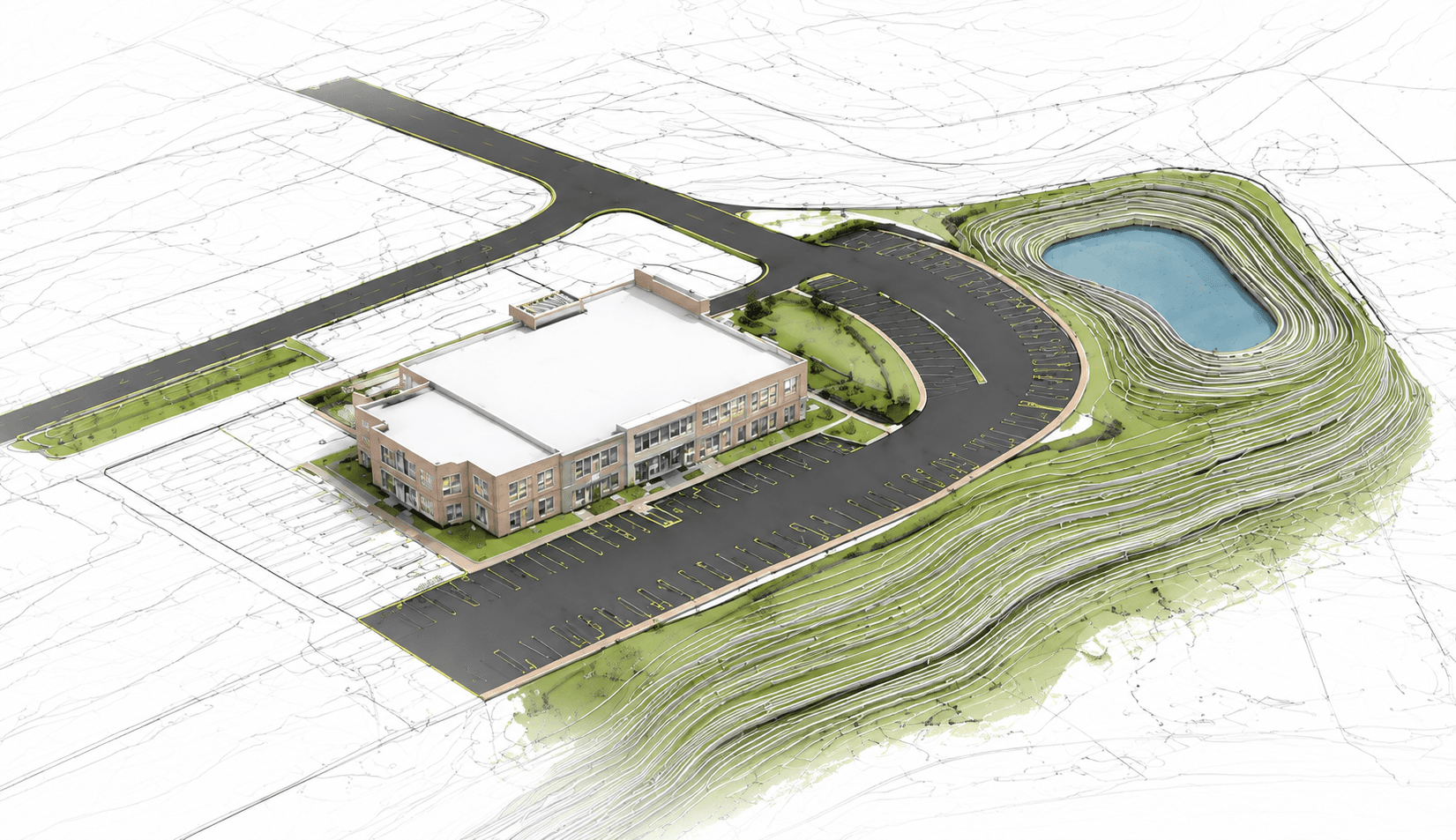 Civil site design rendering — building, parking, and stormwater pond